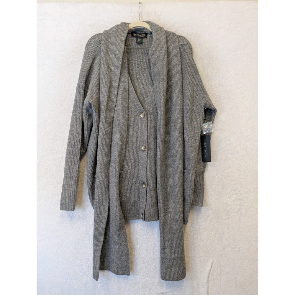 Rachel Zoe Women's Size L Scarf Neck Cardigan Sweater Grey Ribbed Button Front